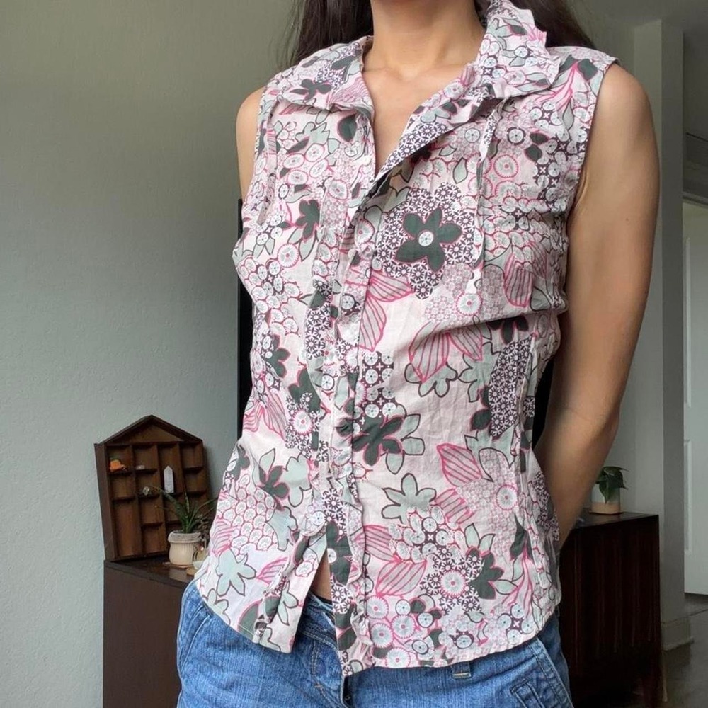 Floral Tie-Back Blouse by MaxMara Size Large 100% Cotton - Picture 1 of 8